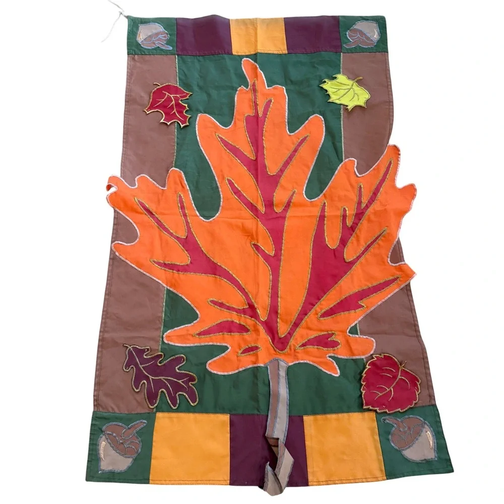 Vintage Fall Leaf Applique Garden Flag Autumn Harvest Decor Embroidered Banner